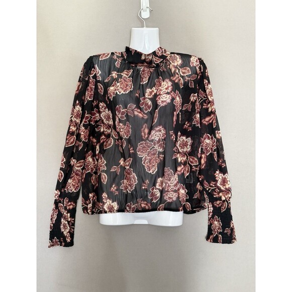 NY&Co Sheer Floral Blouse Medium Front Back Tie Neck  Fall Tones Ruched Sleeves - Picture 10 of 15